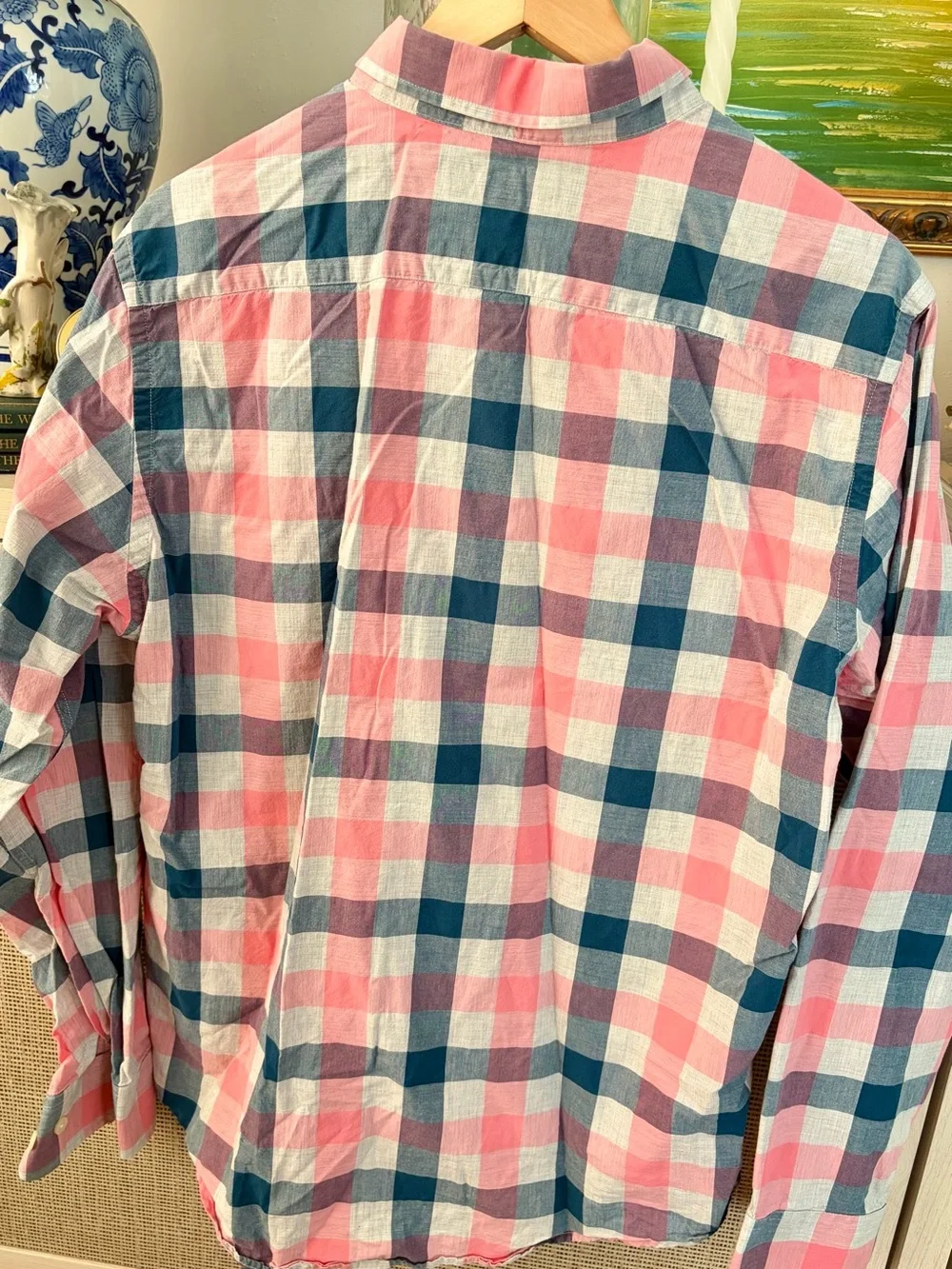 Banana Republic Coral and Navy Check Button-Down Shirt-00A